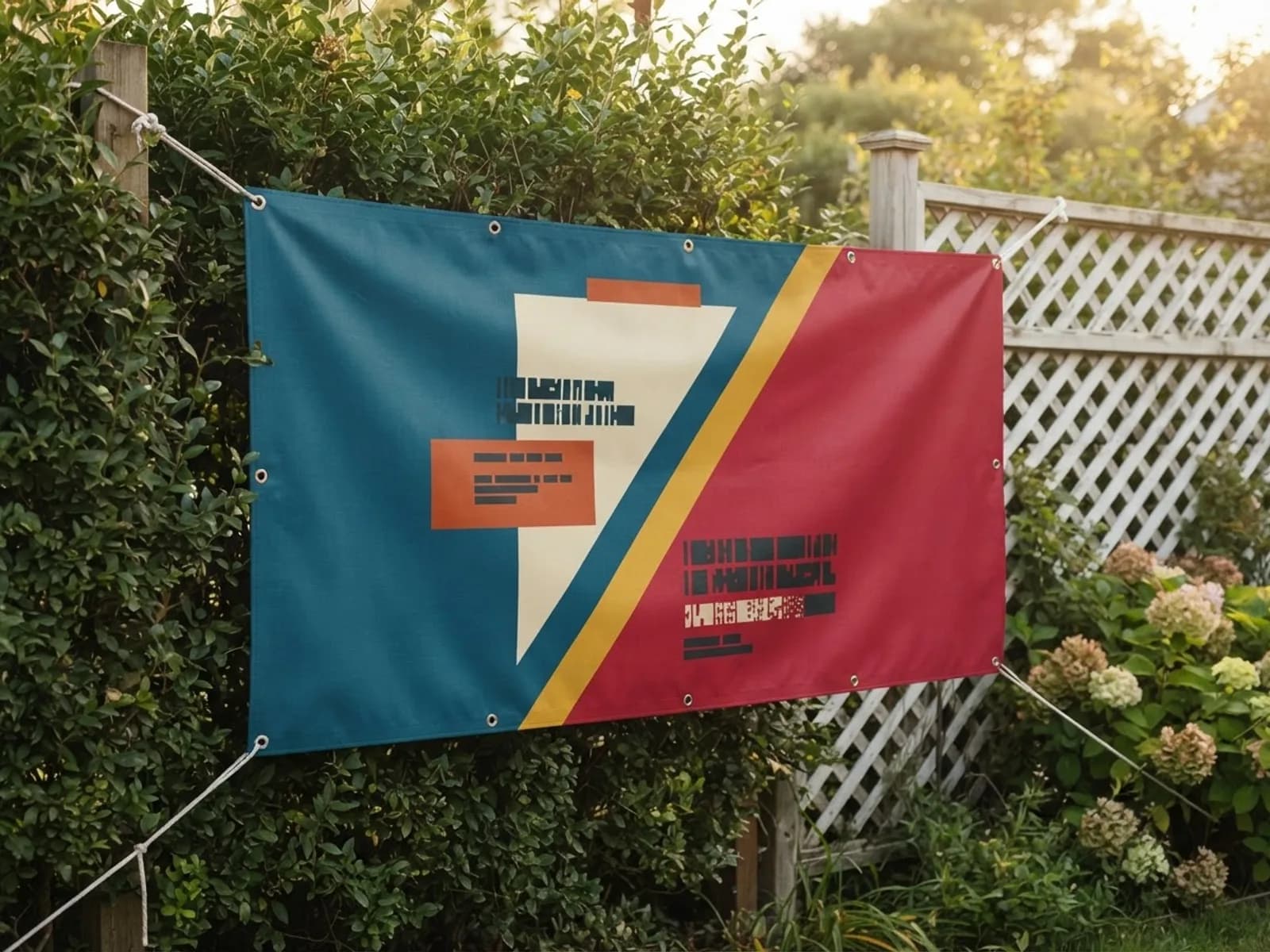 A hemmed vinyl banner with metal grommets, rope-tied to a garden fence