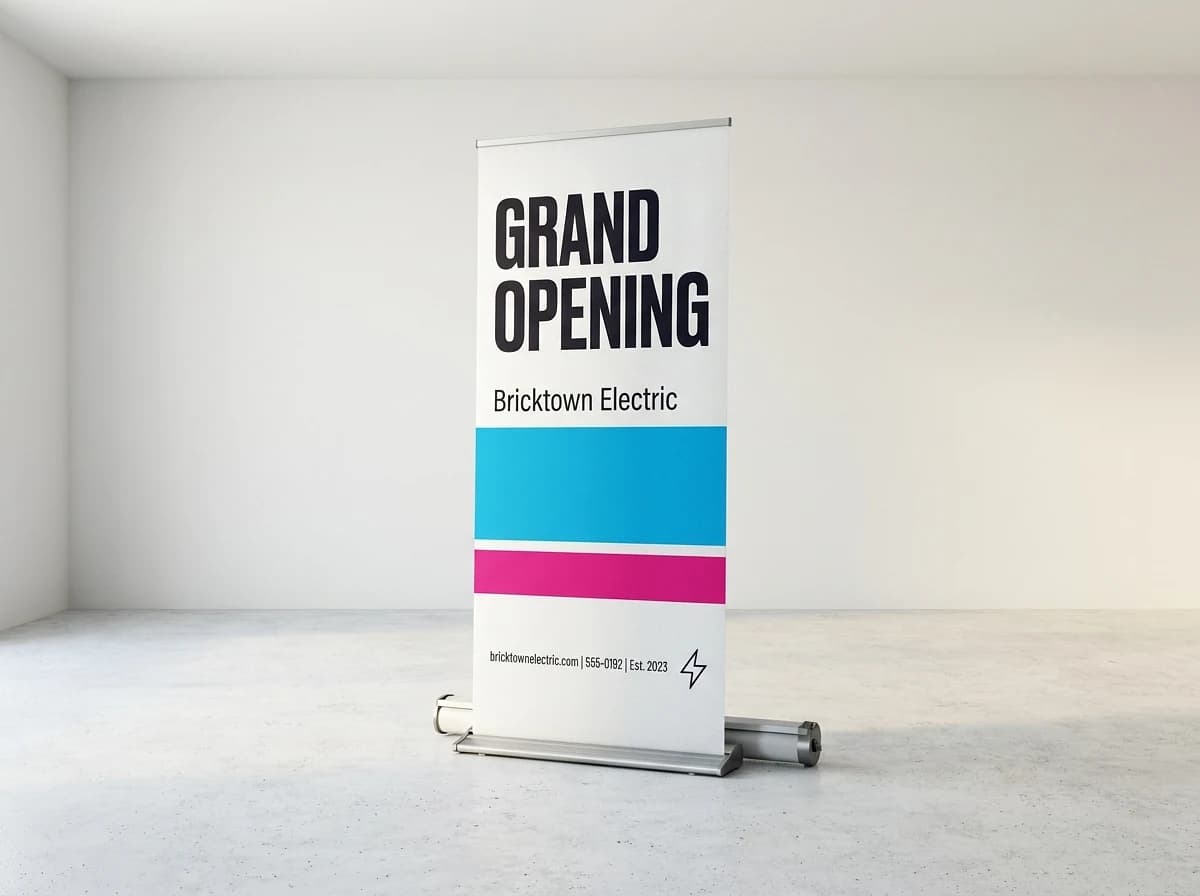 A retractable roll-up banner stand printed with cyan, magenta, and gold bands
