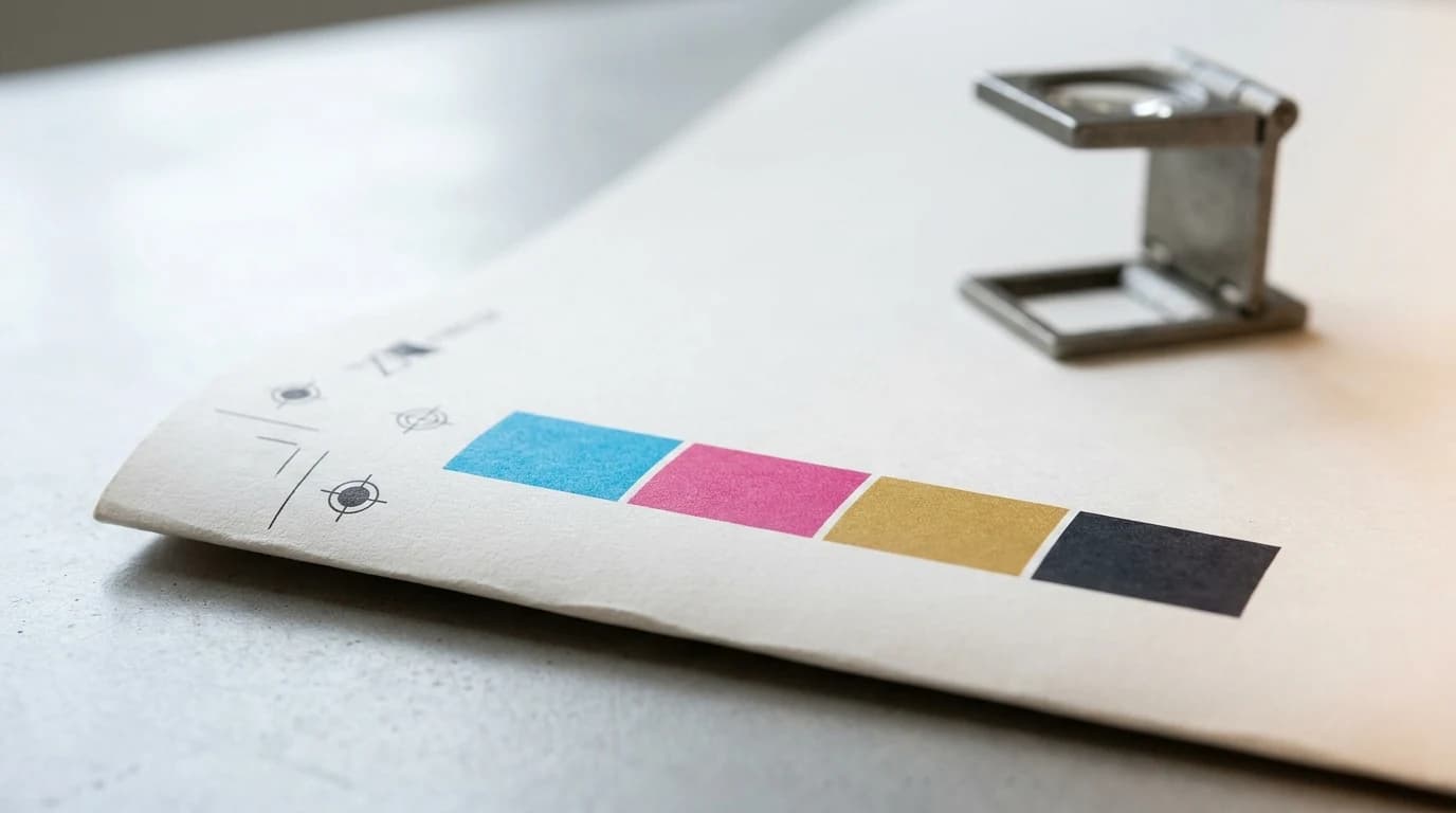 A freshly printed press sheet showing registration targets and process-ink control patches