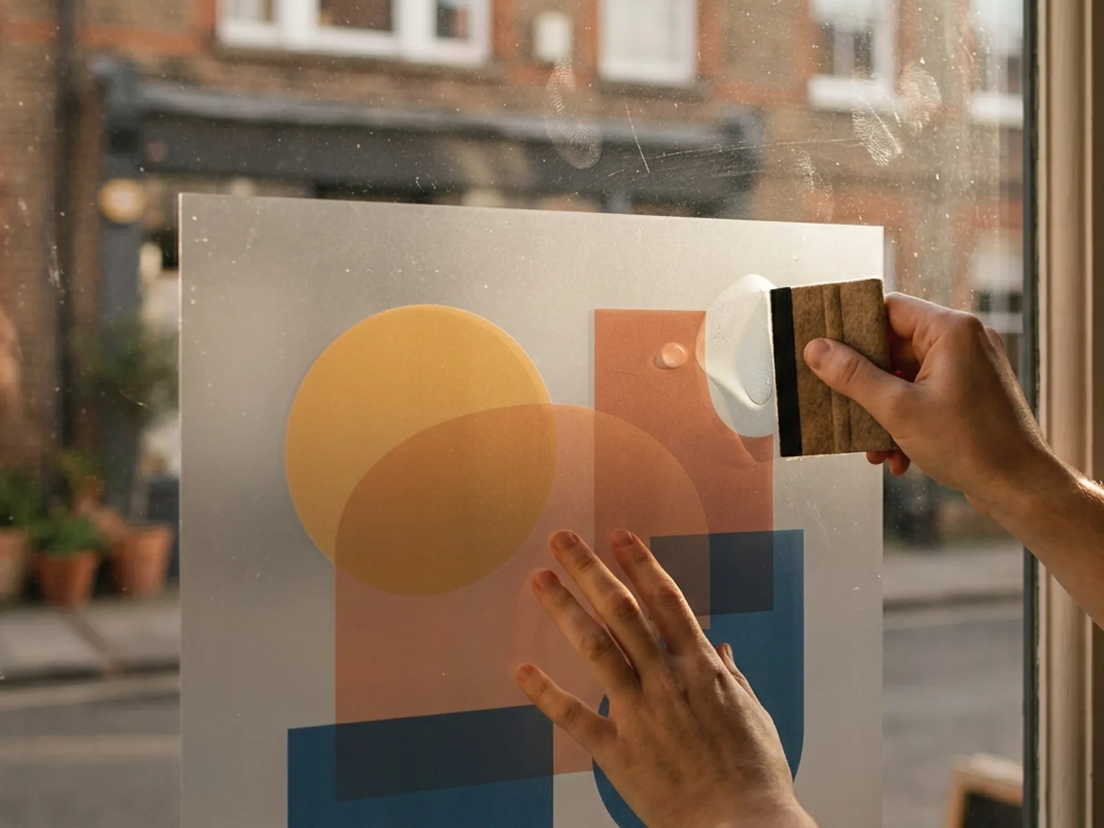 Hands smoothing a static cling decal onto the inside of a shop window with a felt squeegee
