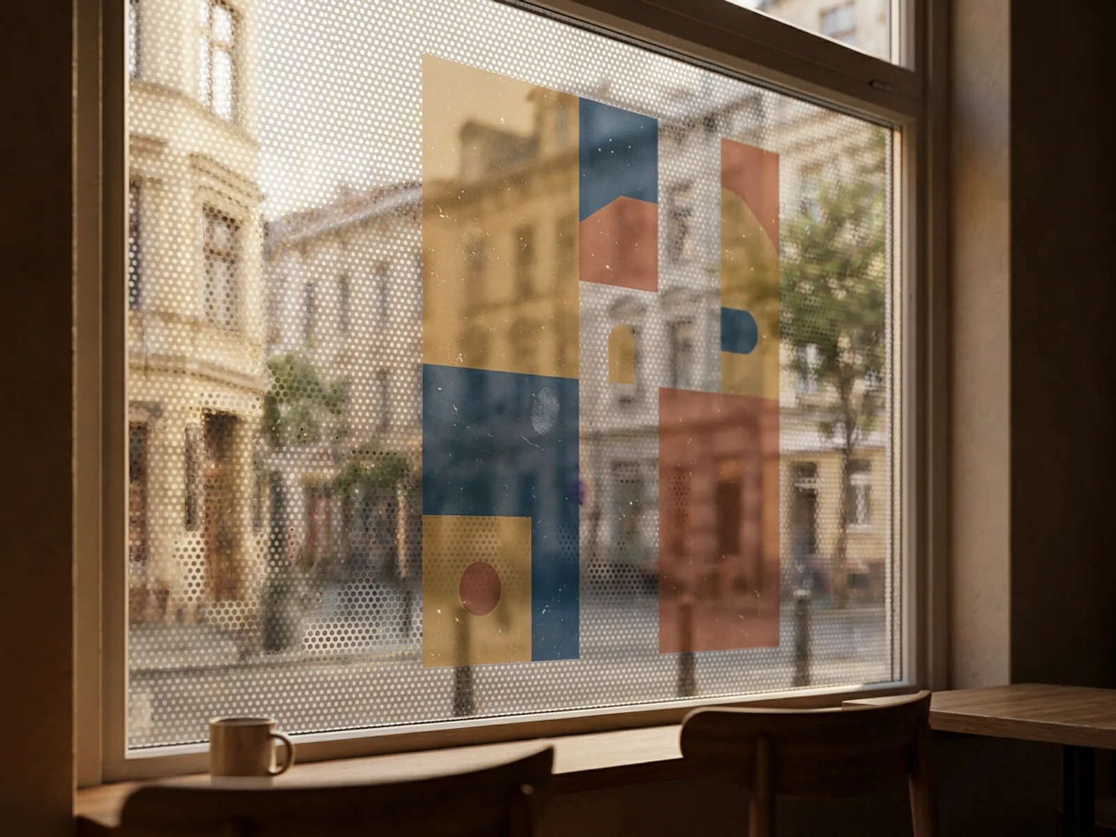 Perforated window film seen from inside a cafe, its dot pattern visible against the street outside